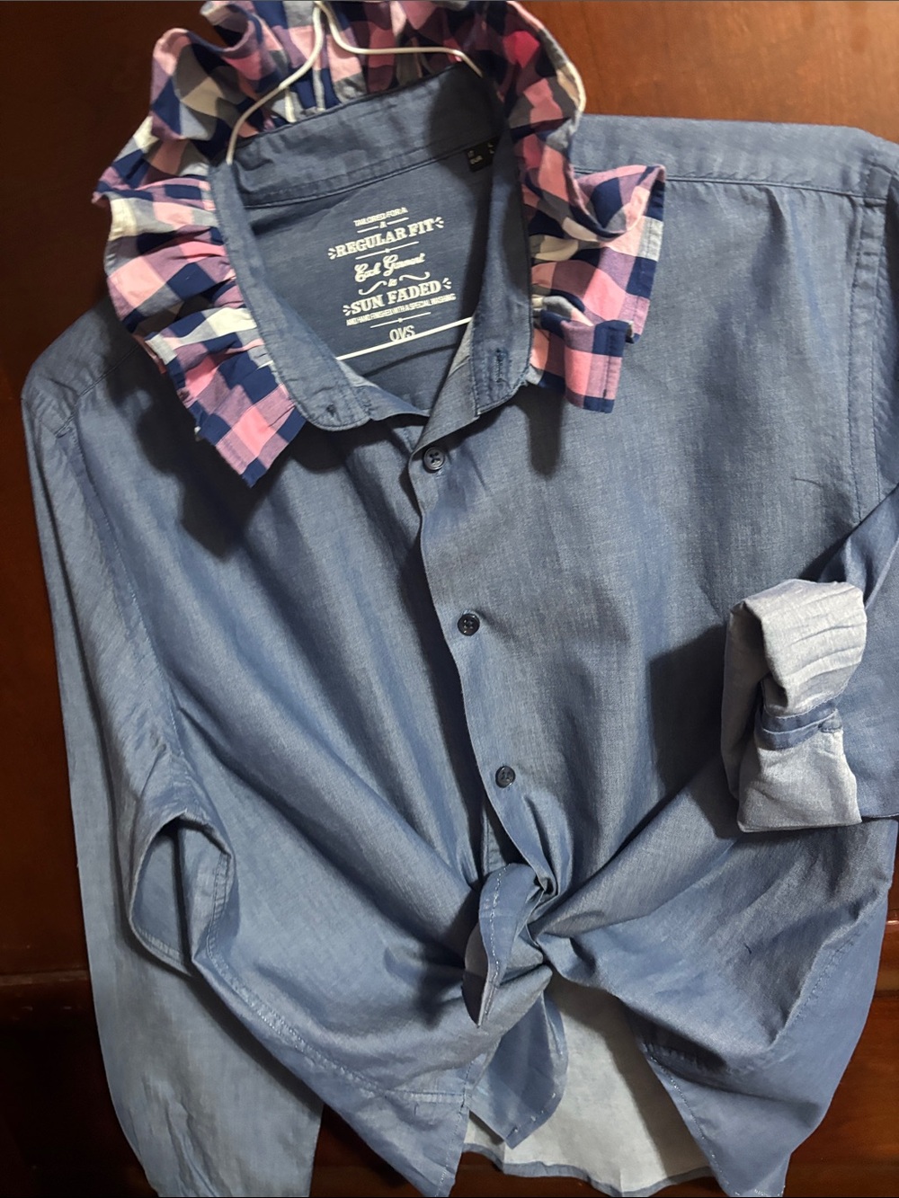 Upcycled/Reloved Women’s Chambray Shirt with Pink Plaid Ruffle Collar